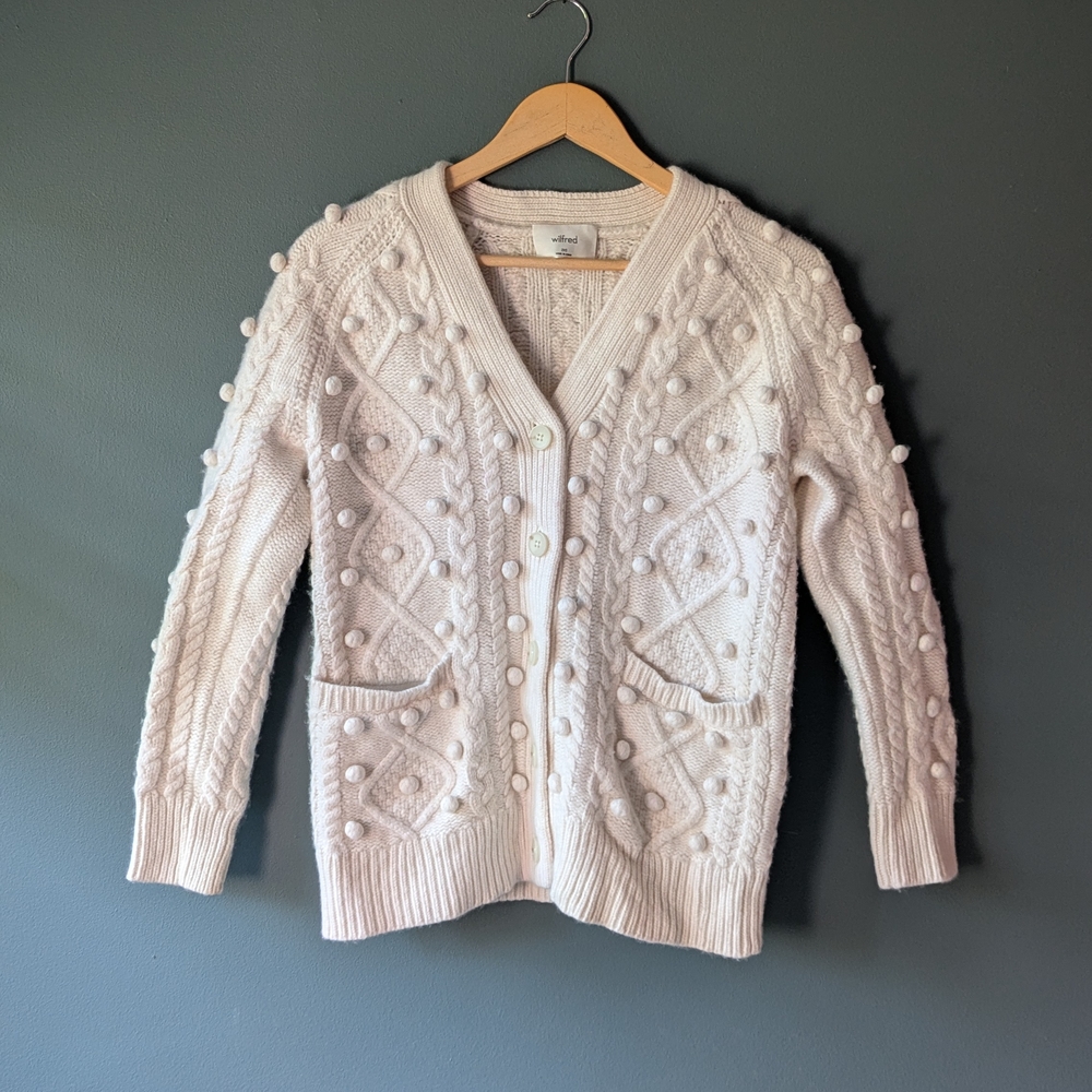 Wilfred ARITZIA Alps Cardigan XXS Women's Merino Wool Pom Pom Sweater White